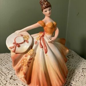 Vintage Lefton Planter 3554 8" Dancing  Girl in Orange Flower Petti-Coat Dress